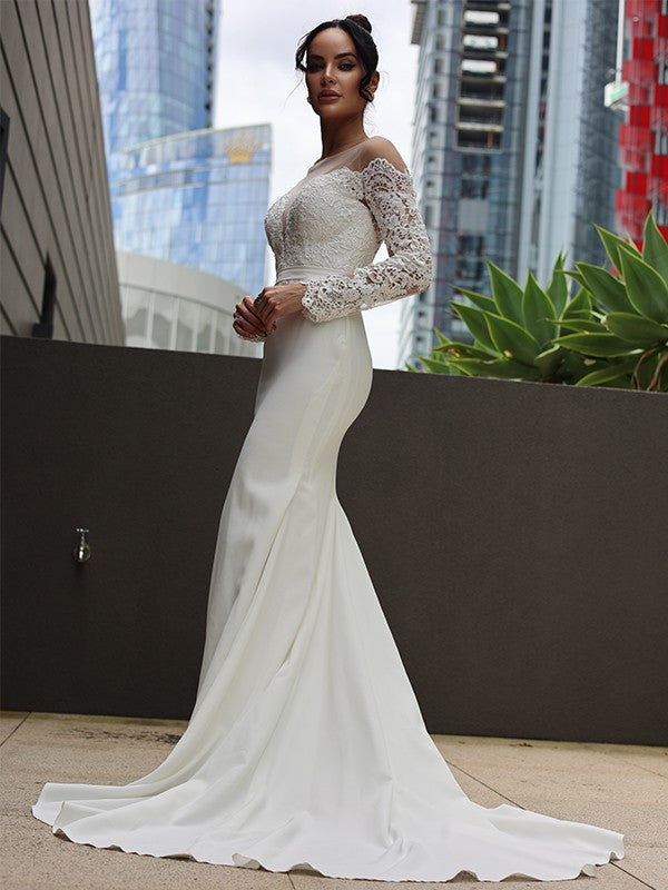 Wholesale Sheath/Column Stretch Crepe Lace Scoop Long Sleeves Sweep/Brush Train Wedding Dresses
